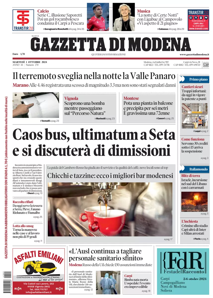 Prima-pagina-gazzetta di modena-oggi-edizione-del-2024-10-01